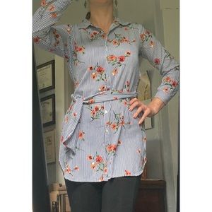 Forever 21 floral tunic button-down tie-waist
